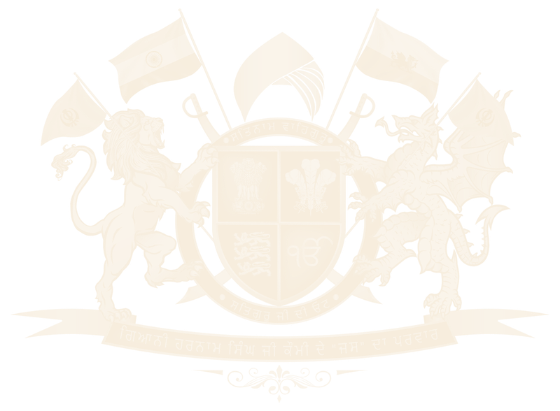 The Jas family coat of arms: a lion and a Welsh dragon supporting a shield beneath a turban, with the flags of the Sikh faith, India and Wales